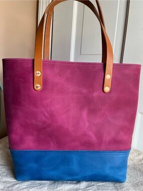 KMM & Co Pink and Blue Leather panel Tote with Tan Straps